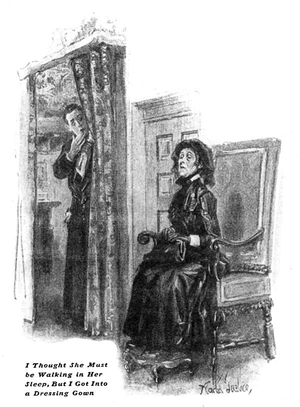 Bertie peers around a curtain, a hand to his mouth in surprise as he sees Aunt Agatha sitting regally in a chair, hands clasped on a purse. The caption reads, "I thought she must be walking in her sleep, but I got into a dressing gown".