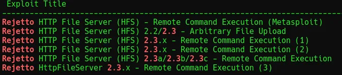 Terminal output of the searchploit search for Rejetto 2.3.