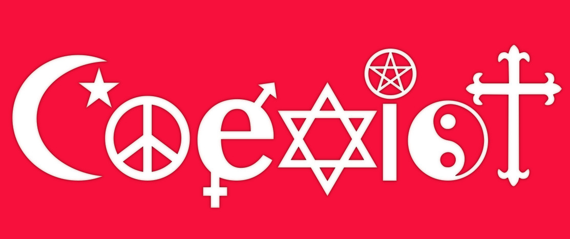 A bumper sticker with the single word, "Coexist," stylized so that the "C" is the Muslim Crescent, the "o" is the peace symbol, the "e" has a male and female sign, "x" is a Star of David, the "i" is an i dotted with a pentagram in a circle (I can't remember what that is from), the "s" is the yin yang sign, and the "t" is the Christian cross.
