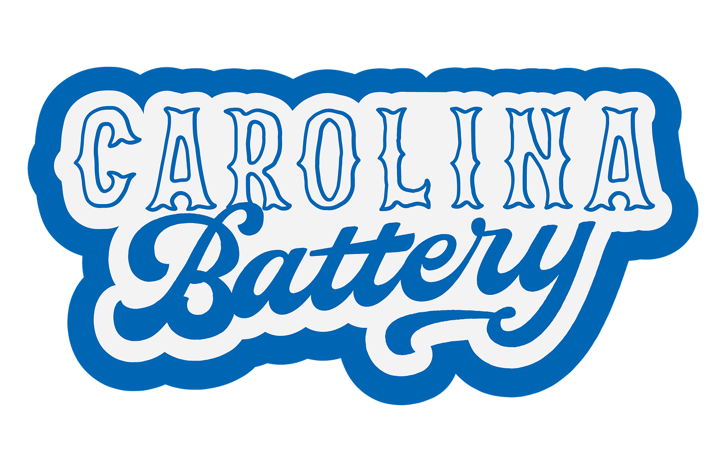 Sticker outlined in blue that says "Carolina" in stylized all-caps letters, white with a blue outline, and then "Battery" in solid blue baseball-y script font under that.