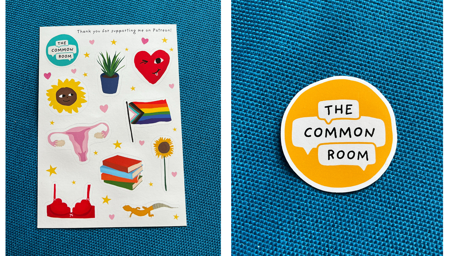 close-ups of the stickers. there's a sticker sheet including stickers of a cheeky sunflower face, a plant, a winking heart, a rainbow flag, a uterus, a stack of books, a sunflower + stalk, a red bra, mustard the lizard, and the common room logo. the second photo is a round sticker of the yellow the common room logo.