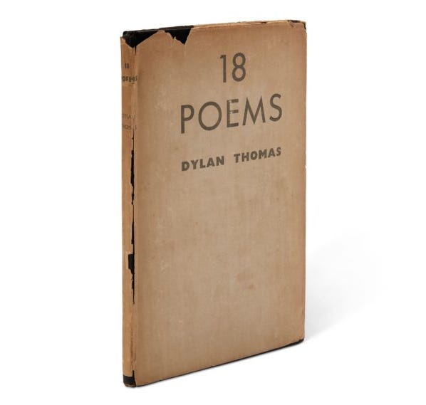 Auction house photo of Dylan Thomas's 18 Poems, with browned and brittle dustjacket