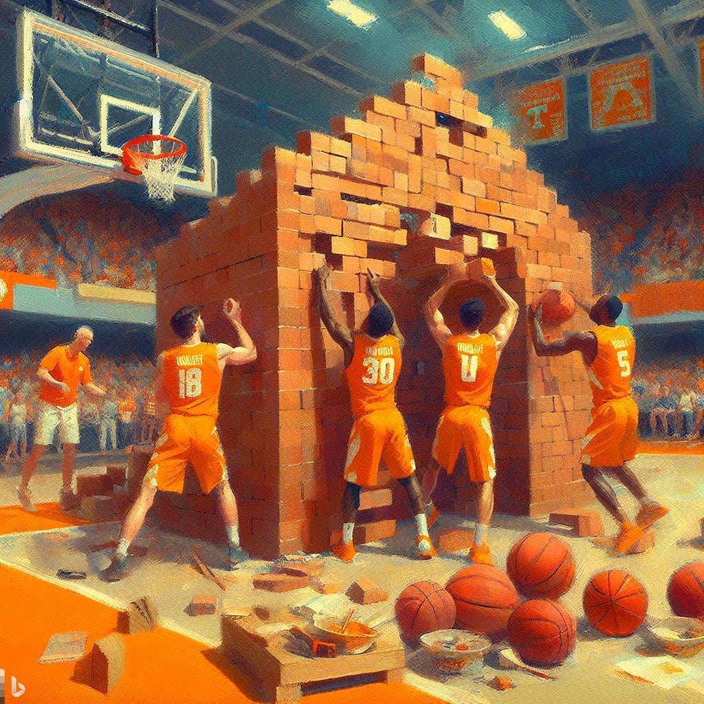 Tennessee Volunteers basketball players building a house of bricks in front of a basketball goal, impressionism