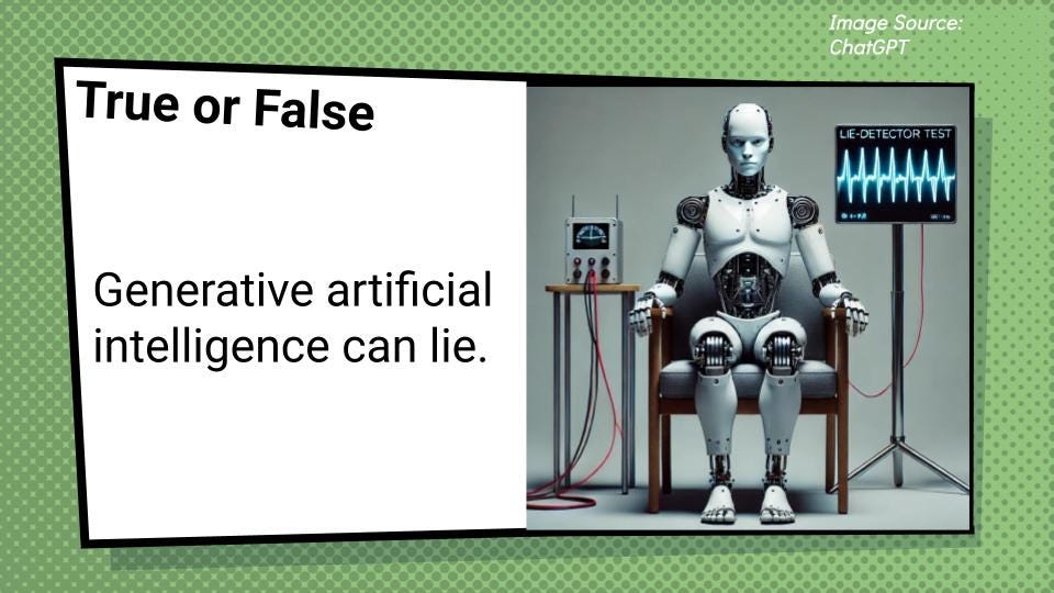 A slide with a Robot sitting in a chair and hooked up to a Lie-Detector test.  The slide also has the text:  True or false: Generative artificial intelligence can lie.