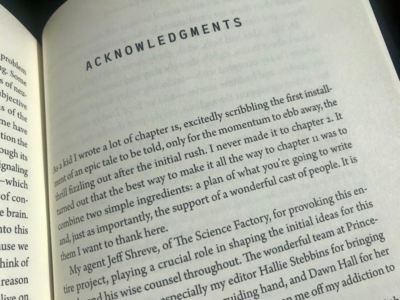 A photo of the first page of an acknowledgments section of a book