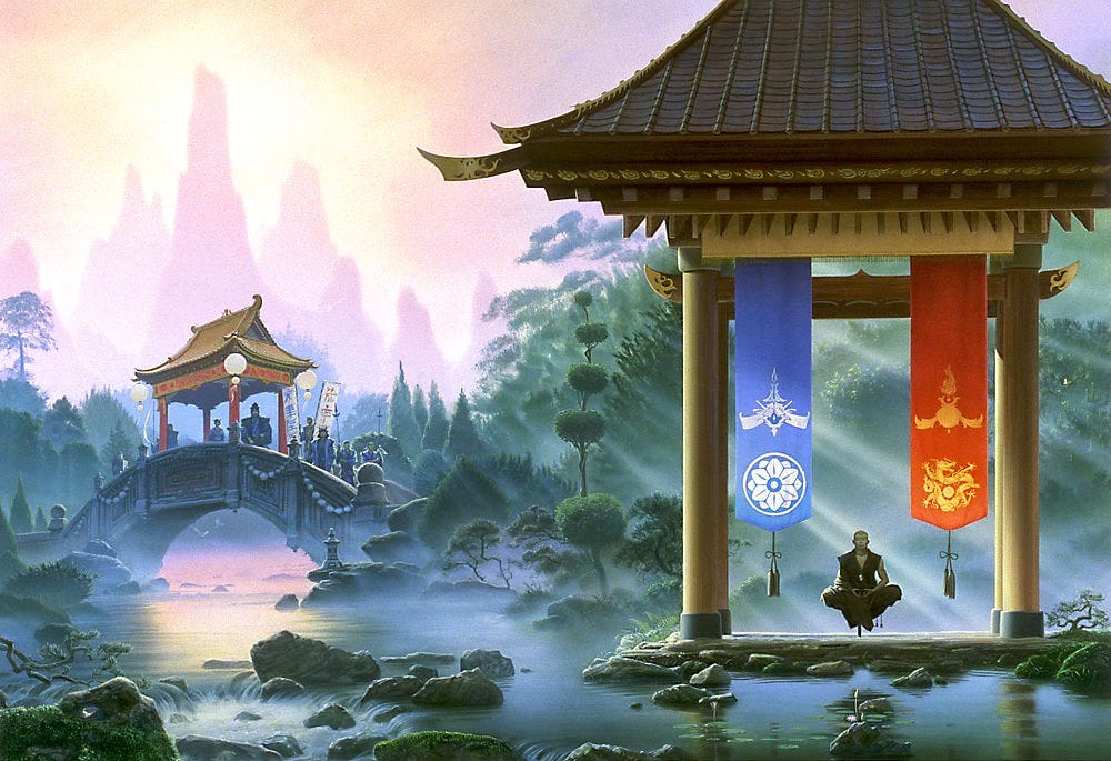 Light slants across the mist hanging over an Asian-style water garden. Lost in meditation, a monk sits with legs crossed, levitating a few feet off the ground. On either side of him, two banner hang from a pergola with wide overhanging eaves like a pagoda. Set on blue, an simple overlapping flower crest reflect Japanese iconography while on red an ornate dragon evokes Chinese style. On an arched bridge over peaceful green-blue waters, a band of warriors gather looking toward the solitary monk.