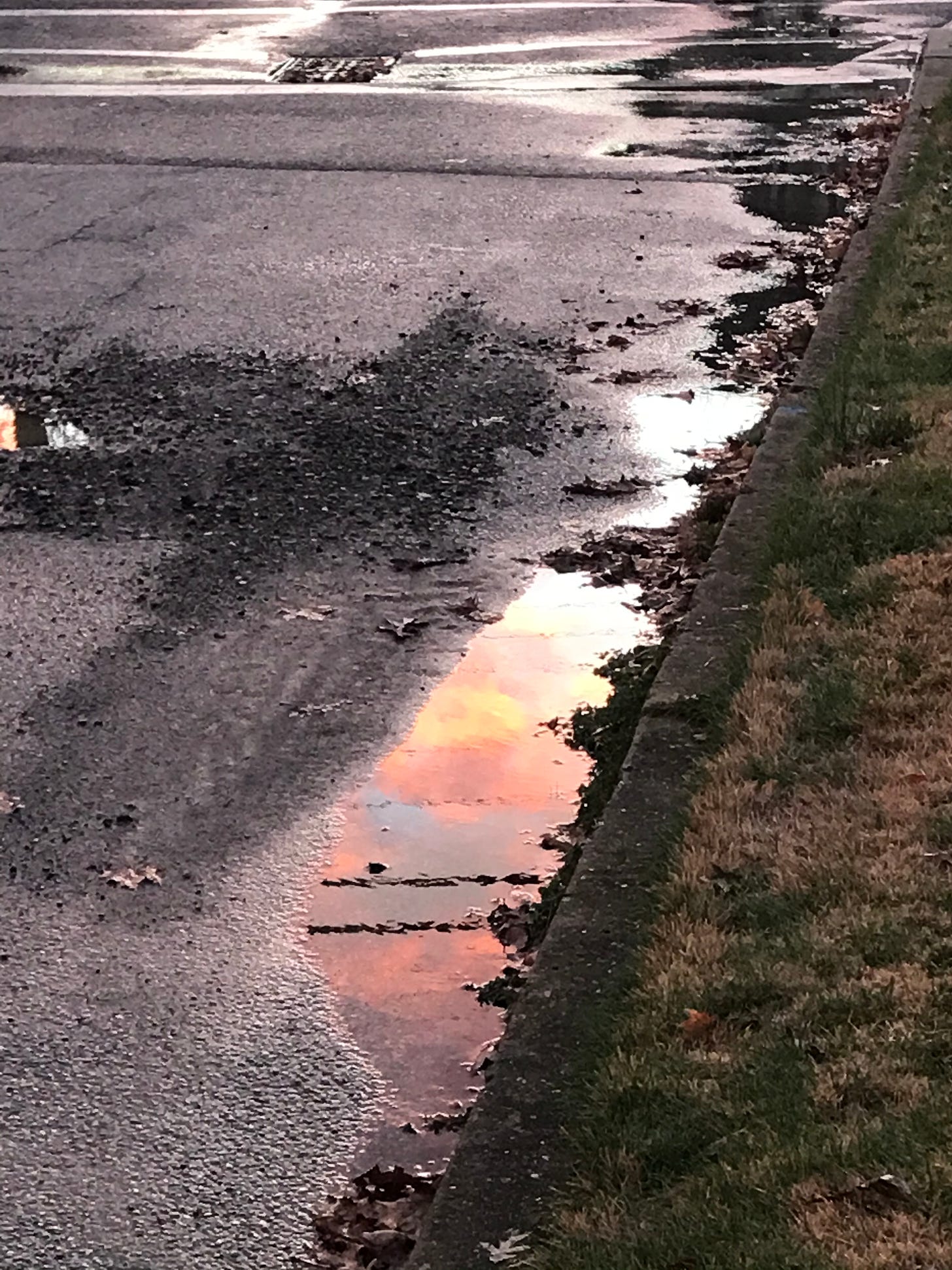 A gold and yellow sunset in a dingy puddle on the street.