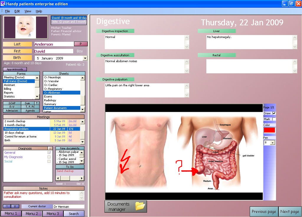 A screenshot of an electronic health record with sample patient medical information. There are inputs, including for "Digestive auscultation" and for a patient's name.