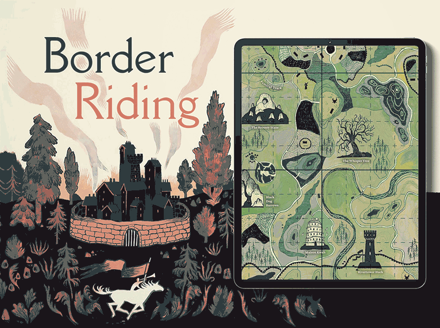 Animated Gif. The cover artwork for Border Riding as a wide banner, with an iPad overlaid to the right hand side. Previews of Border Riding's pages scroll across the iPad's screen. The cover artwork is of a horse rider with a banner, on parade in front of a stylised walled village.