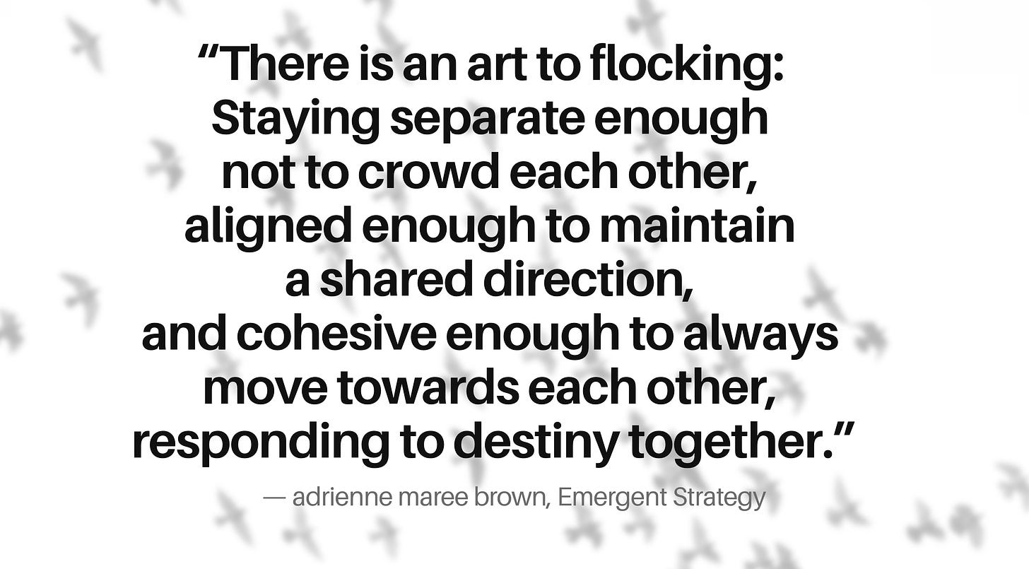 “There is an art to flocking—staying separate enough not to crowd each other, aligned enough to maintain a shared direction, and cohesive enough — to always move toward each other – responding to destiny together.”