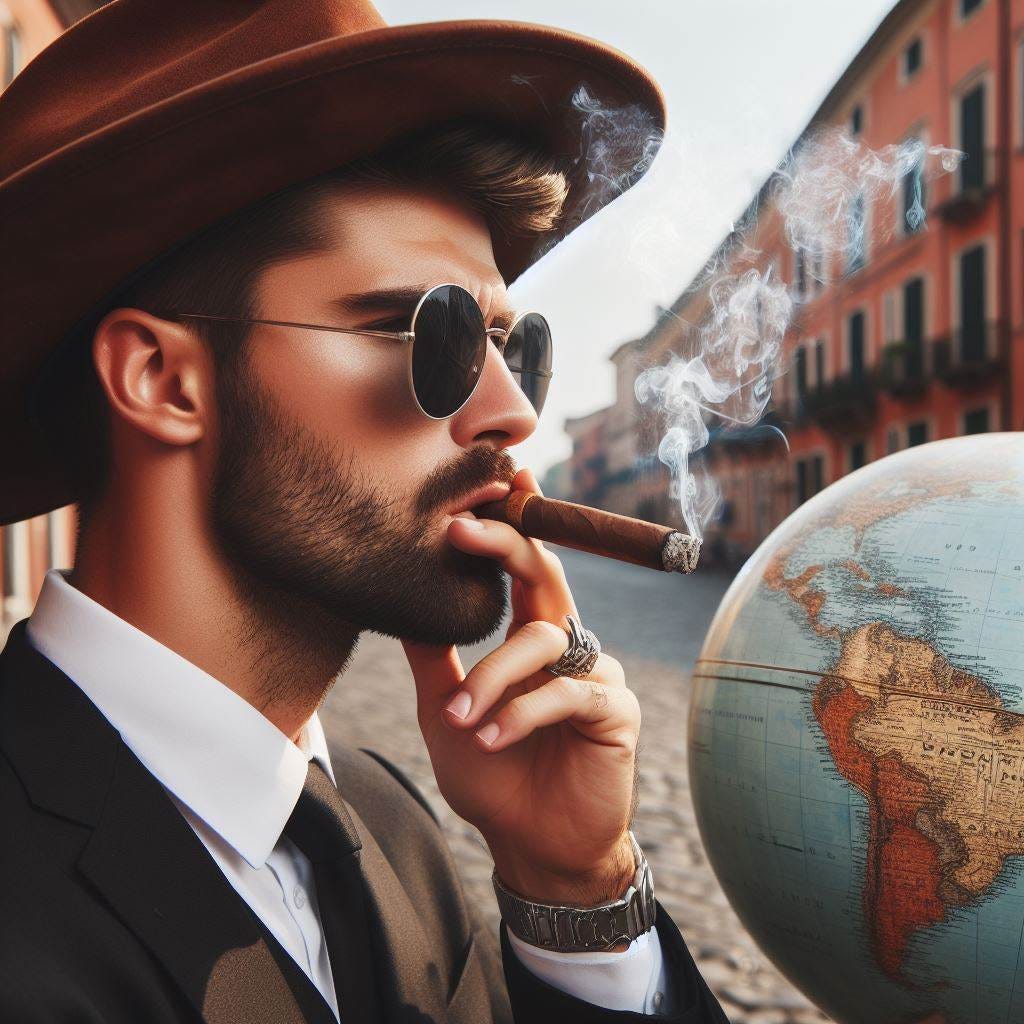 A western man in a suit with sunglasses on, smoking a cigar, thinking about the world.