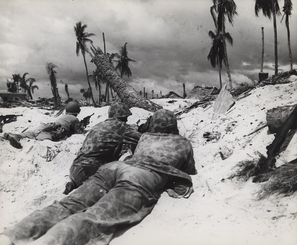 Marines Advance on Japanese Pill Boxes, Tarawa, November 1943 (10962107133).jpg