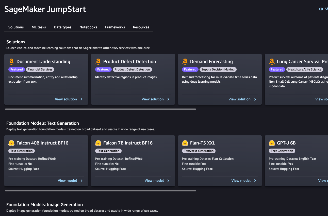SageMaker JumpStart homepage, showing a list of ready to deploy solutions, such as Document Understanding or Demand Forecasting or exact models to be deployed such as Falcon 40B, Flan-T5 XXL and more.