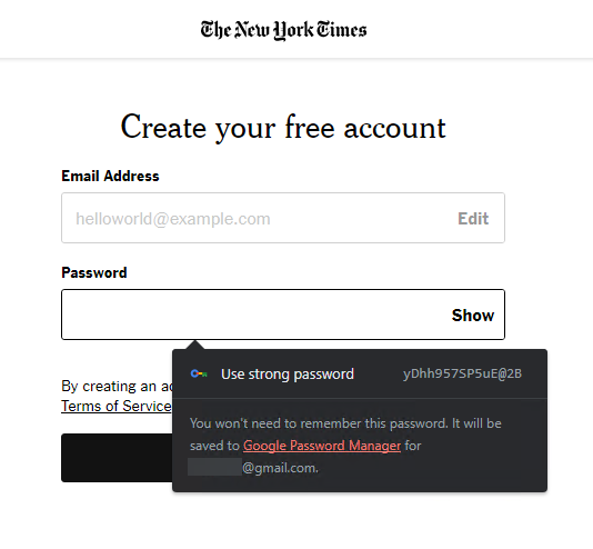 This screenshot shows the New York Times web page. A box below the password field reads Use Strong Password and shows a random password. Text below that offers to save it in the Google Password Manager.