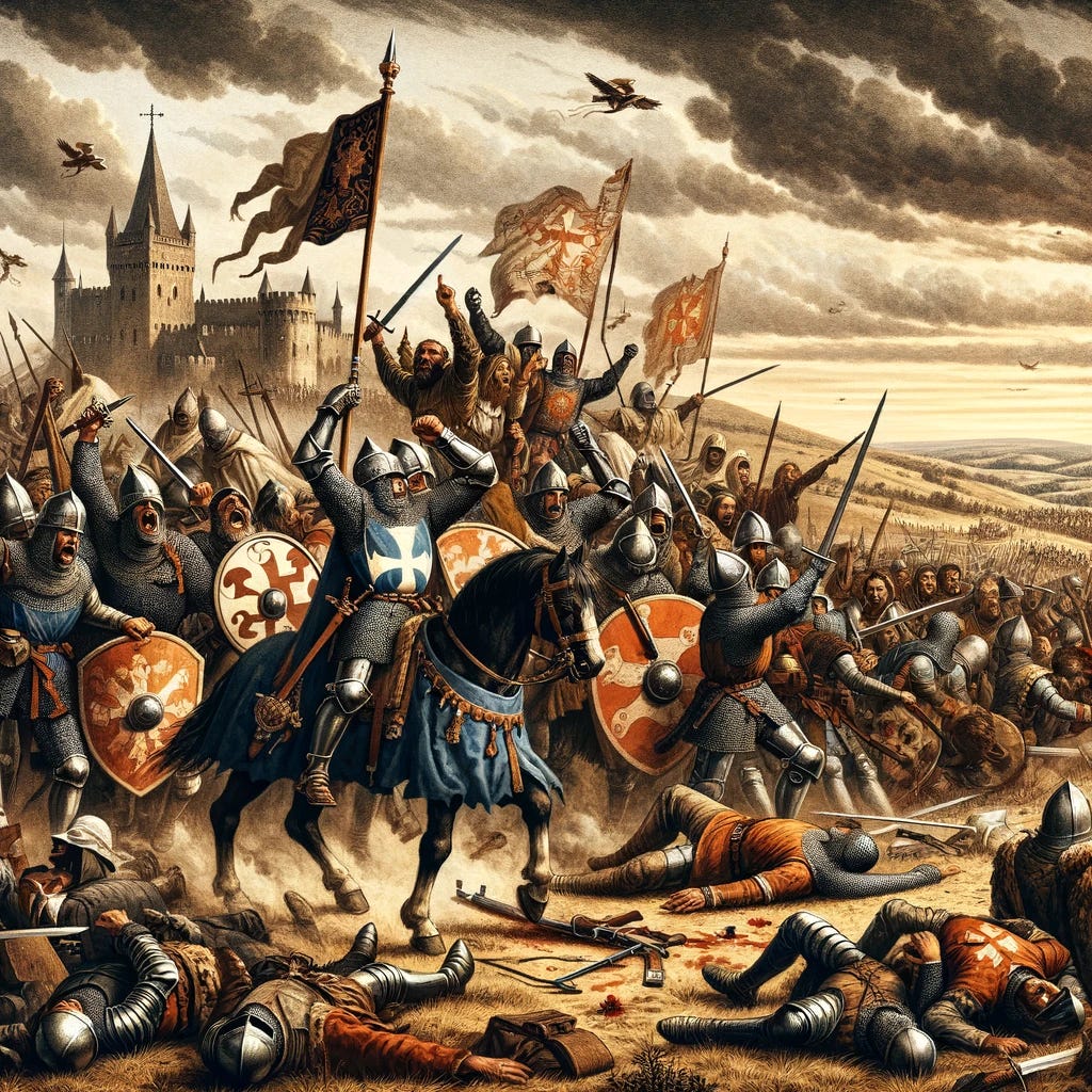A dramatic illustration of a medieval army having defeated another. The scene shows the victorious army in the foreground, with soldiers in armor cheering and raising their weapons in triumph. They carry banners and flags, celebrating their victory. In the background, the defeated army is seen retreating in disarray, with some soldiers wounded and others surrendering. The setting is a medieval battlefield, with a castle and rolling hills in the distance, under a cloud-filled sky, capturing the aftermath of a decisive battle.