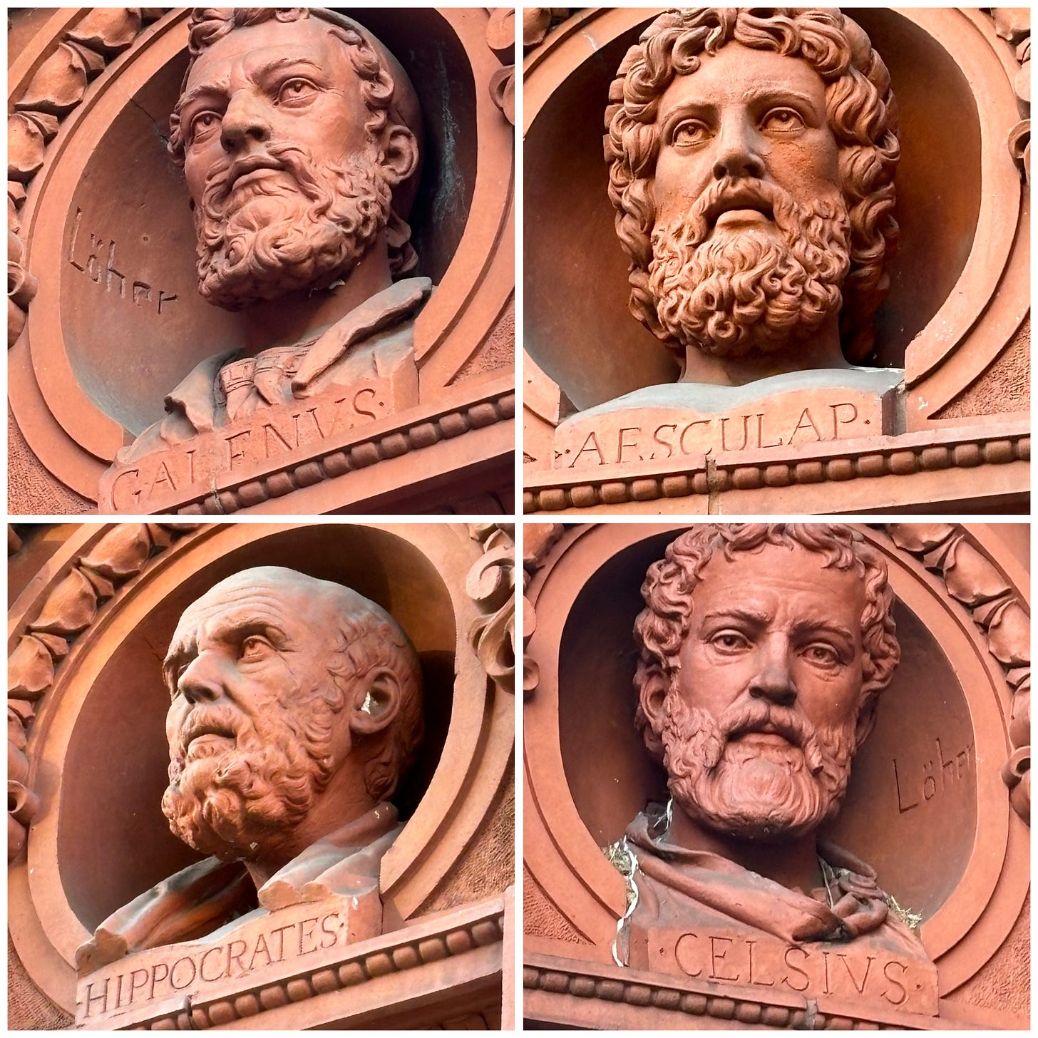 An image collage of four busts from the dispensary portico: Galen, Hippocrates, Asclepius, and Celsius. They all like they have seen your life choices and they do not understand or respect them. Like, I don't know what you said, but definitely never say that again. In each, the round carve out in which the bust is placed has been signed Loher.