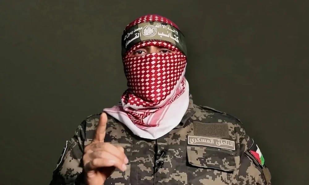 The spokesperson of the al-Qassam brigades, the military wing of Hamas, Abu Obeida during a video address (Al-Qassam Military Media)