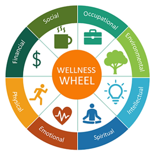 Wellness wheel, lists several areas of wellness: financial, social, occupational, environmental, intellectual, spiritual, emotional, and physical.