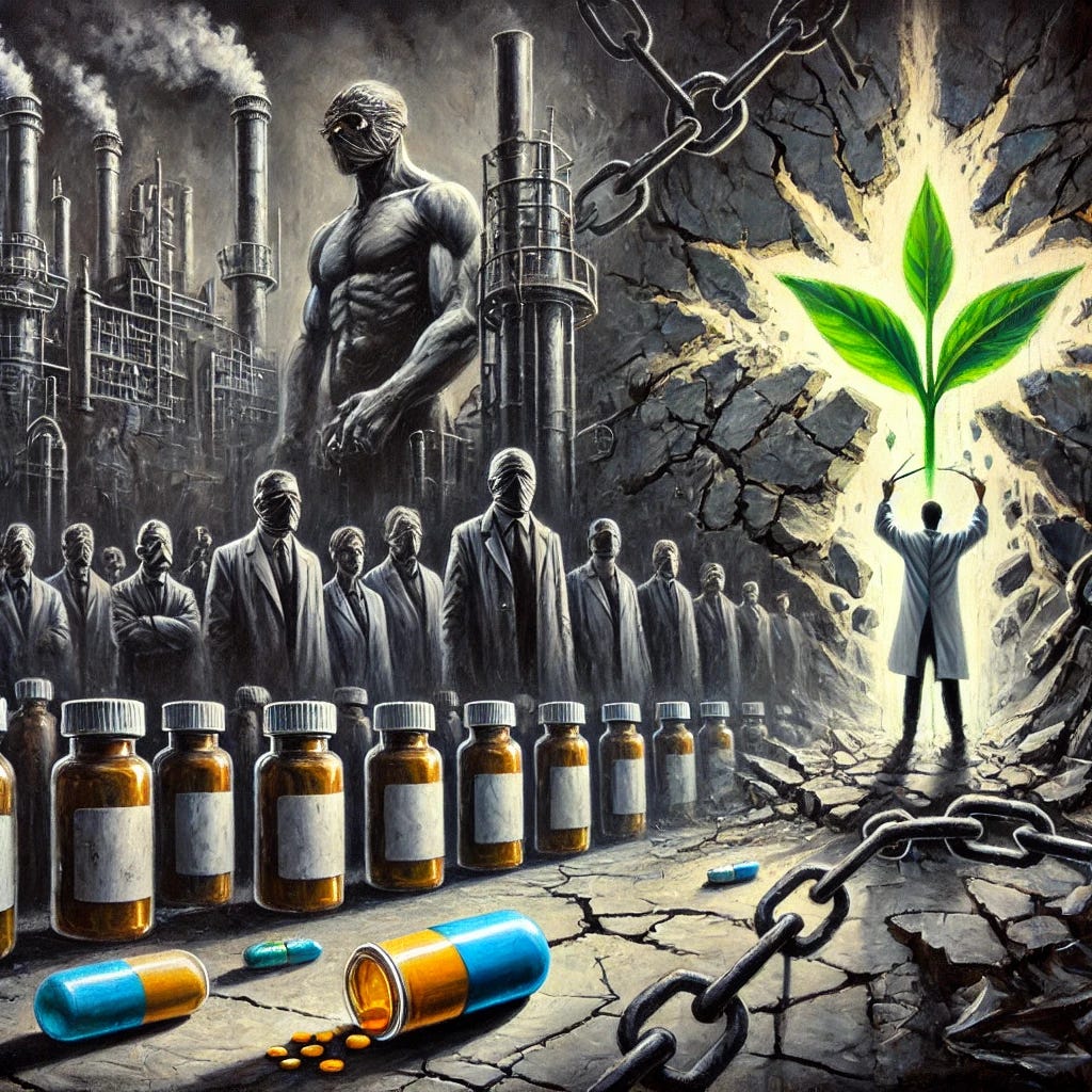 An intense and expressive oil painting capturing the theme of criminal psychiatry and its critiques. The artwork depicts a dystopian scene with shadowy figures in lab coats representing unethical practices, surrounded by pill bottles and broken chains symbolizing forced treatments and harmful consequences. In the background, towering industrial structures loom ominously, representing the influence of pharmaceutical companies. The foreground features a stark contrast: a vibrant green sprout breaking through cracked concrete, symbolizing resistance, reform, and hope. The painting uses dark, moody tones like deep grays and blacks, juxtaposed with bright greens and golds for the sprout, and employs bold, dramatic brushstrokes to convey tension and urgency.