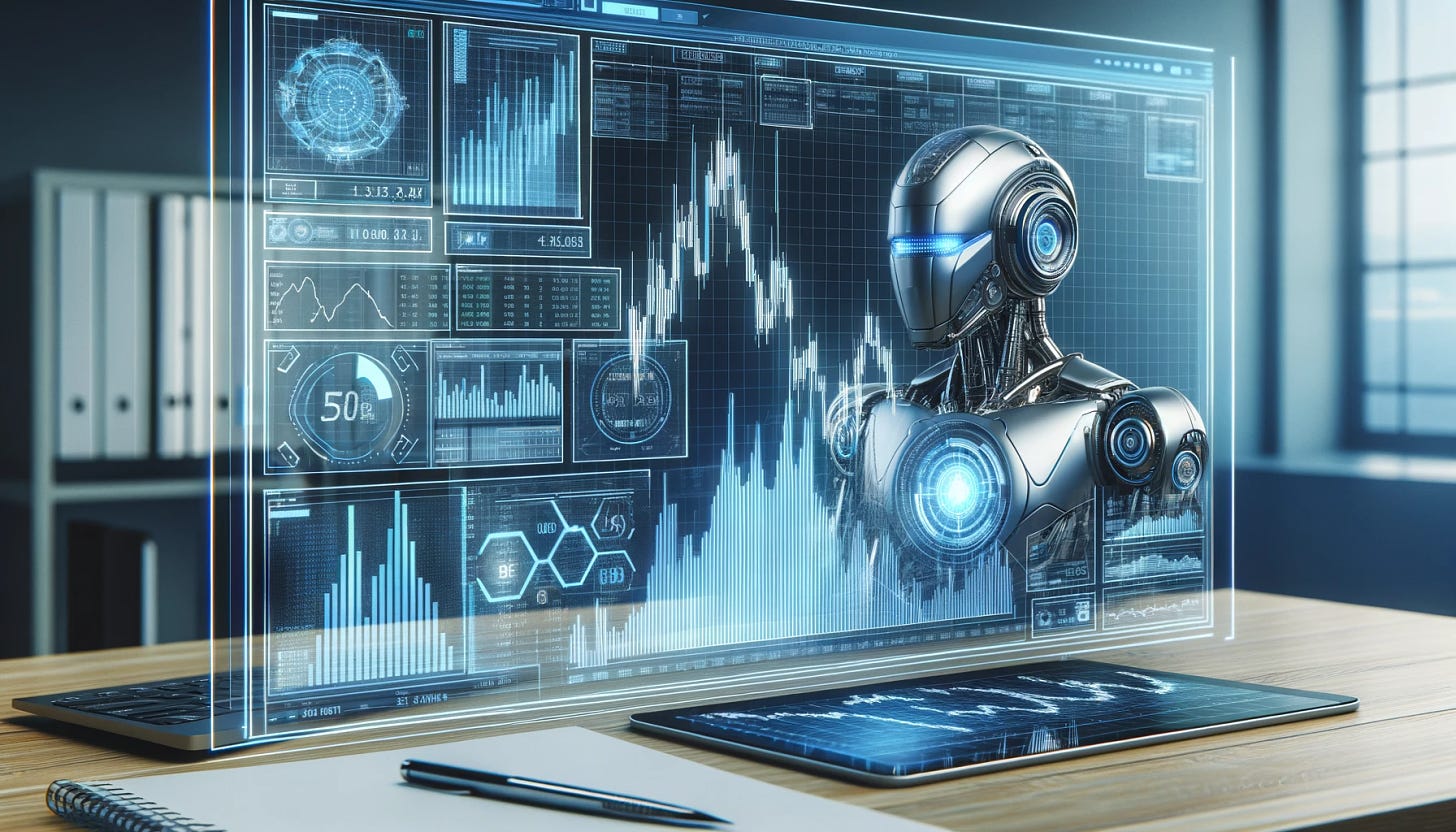 A futuristic and sleek cover photo for a Substack article about automated technical analysis in finance. The focus is on a large, high-resolution technical chart displaying various financial data like stock prices and trends. Superimposed on this chart is an advanced, metallic robot with a modern design, visually engaged in analyzing and charting the data. The robot has a screen on its chest displaying intricate financial algorithms. The background is minimalistic and professional, emphasizing the theme of systematic and automated financial analysis, with a color scheme of blue and silver to convey a sense of technology and precision.