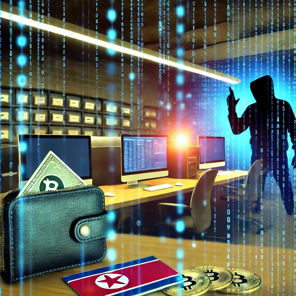 A detailed image showcasing a digital scene representing a cryptocurrency industry under attack by sophisticated hackers. The image features a dimly lit office environment with a crypto exchange screen on a computer, as a shadowy hacker figure in the background is manipulating data and deploying malware. The hacker appears highly calculated, surrounded by digital code, representing North Korean cyber tactics. In the foreground, a wallet with digital currencies being drained into multiple unknown accounts signifies the loss of assets. The scene conveys tension and urgency with a focus on technology and security.