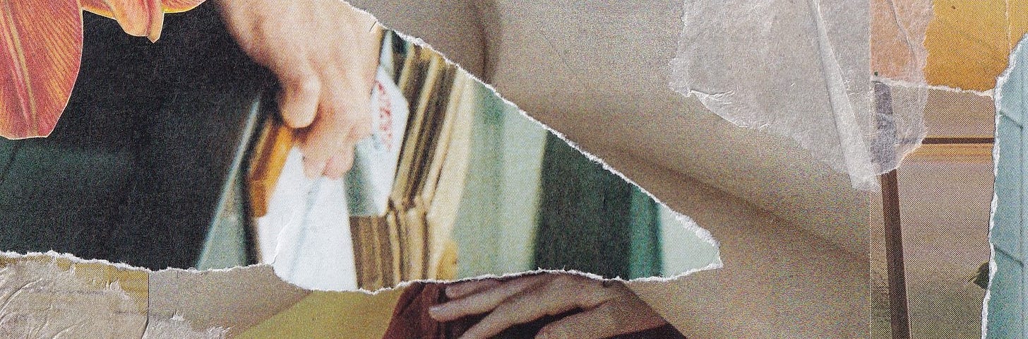 decorative image that is a detail shot of an analog collage; in addition to ripped paper you can see two hands gripping surfaces