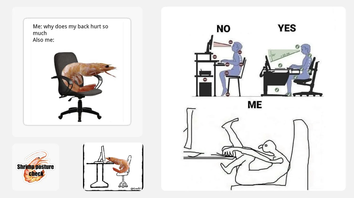 Several representations of figures sitting with poor posture, including a shrimp curved over in an office chair