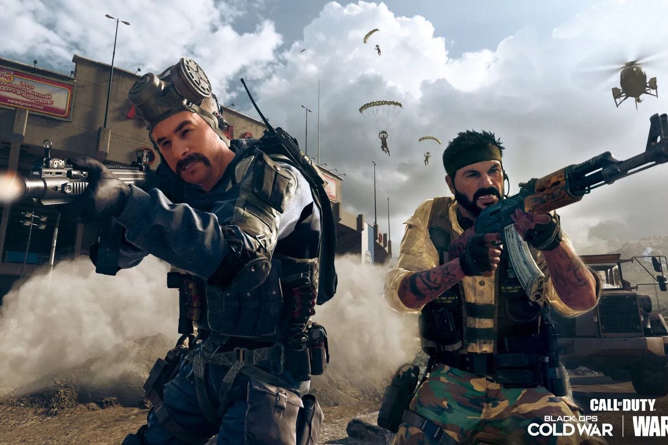Dois personagens do jogo Call of Duty atirando 