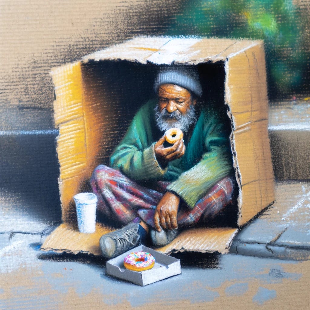 A painting depicting a homeless man eating a donut while sitting inside a cardboard box, based on the first image but without the oil pastel style. The artwork should have a more traditional painting feel, using smoother brush strokes and more refined details. The man should still be depicted with a sense of realism, and the scene should maintain its poignancy. The colors are to be more natural and less vivid, with a focus on realism rather than expressionism. The background remains blurred to keep the focus on the man and his makeshift shelter.
