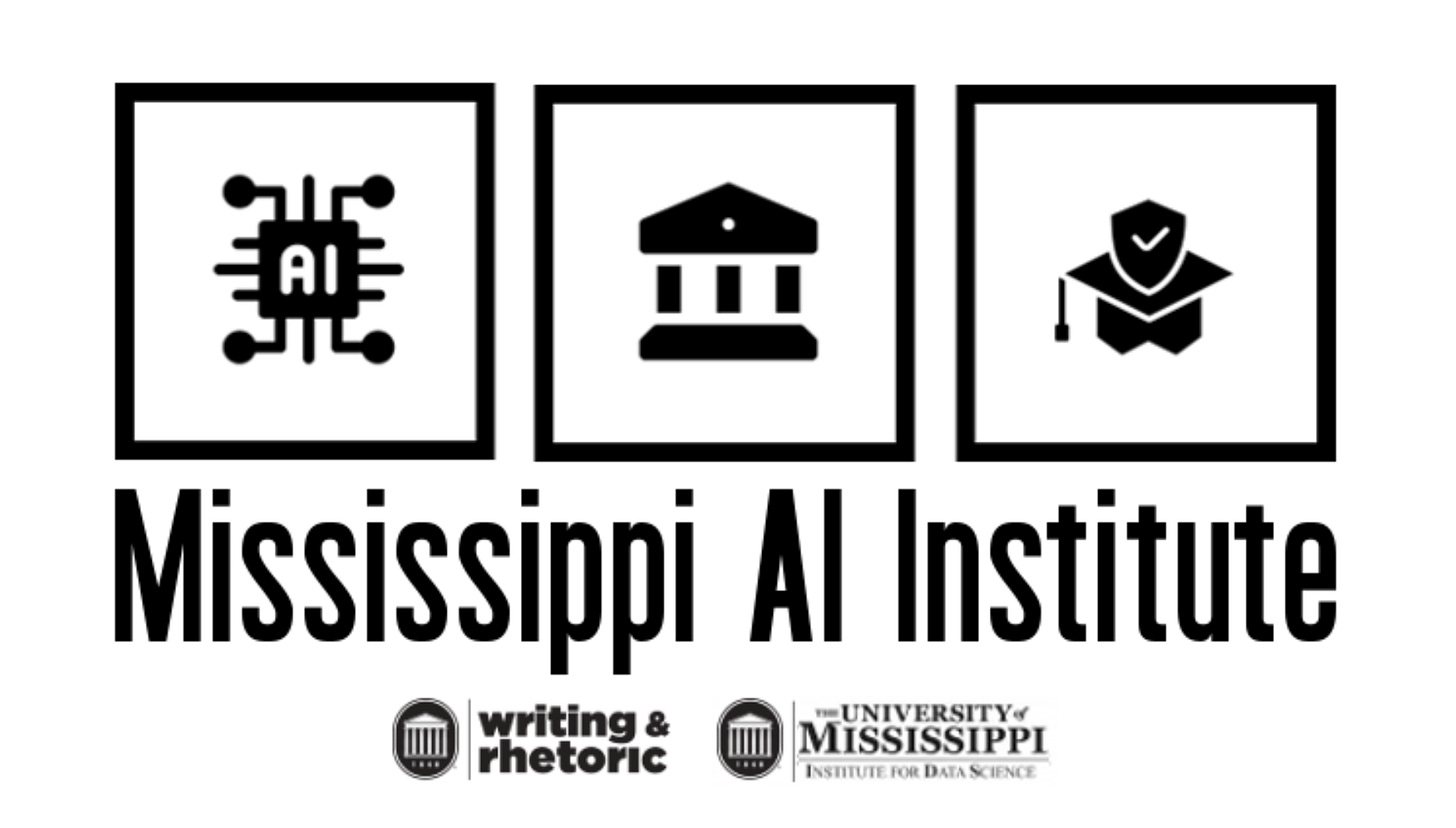 Logo for the "Mississippi AI Institute," with graphics representing AI, the UM campus, and a graduation cap