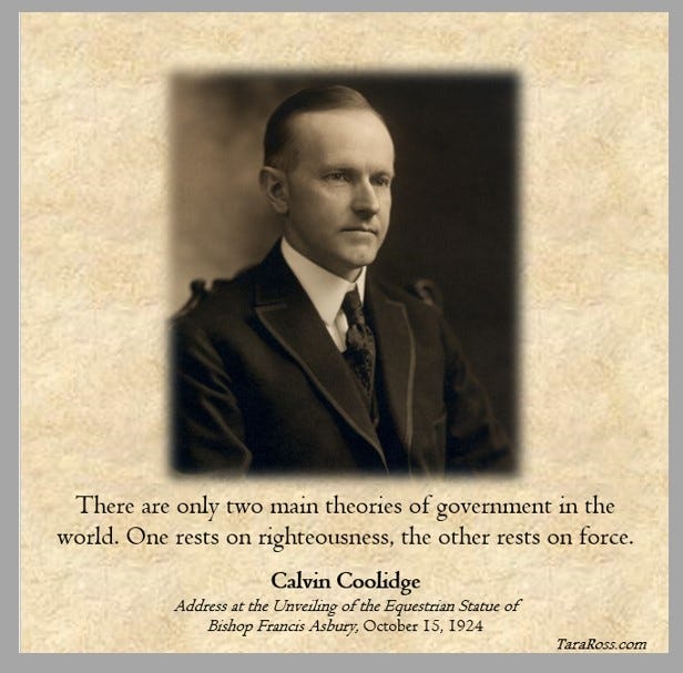 A portrait of Calvin Coolidge with his quote.