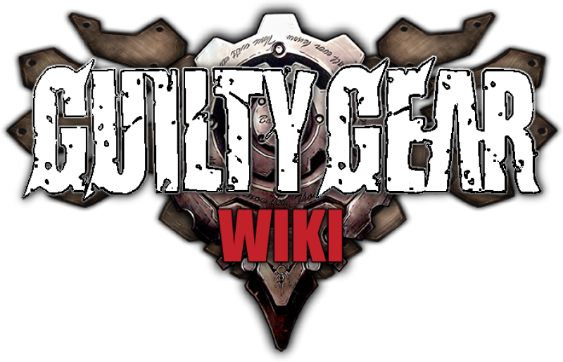 A logo with the words "Guilty Gear" in white, all capitals, with "Wiki" in red under it. There are symmetrical metal accent pieces behind the text positioned to look like a huge gear with weathered wings.