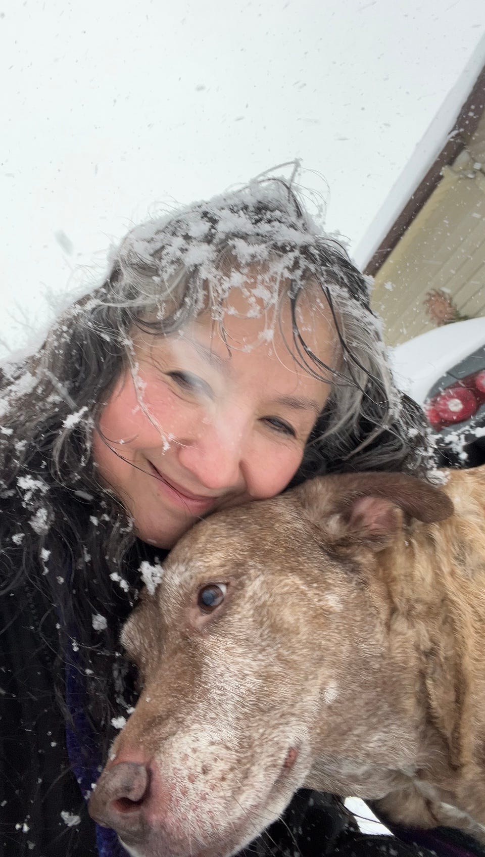 Demian hugging her pittie mix in the snow
