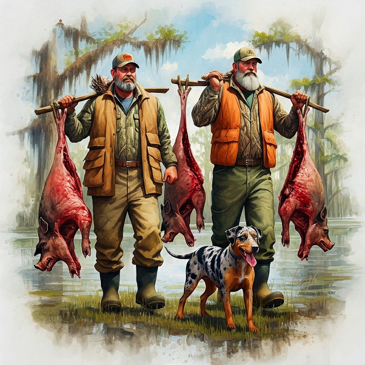Image two wild boar hunters bringing the days limit back to the boat. Image two wild boar hunters bringing the days limit back to the boat.