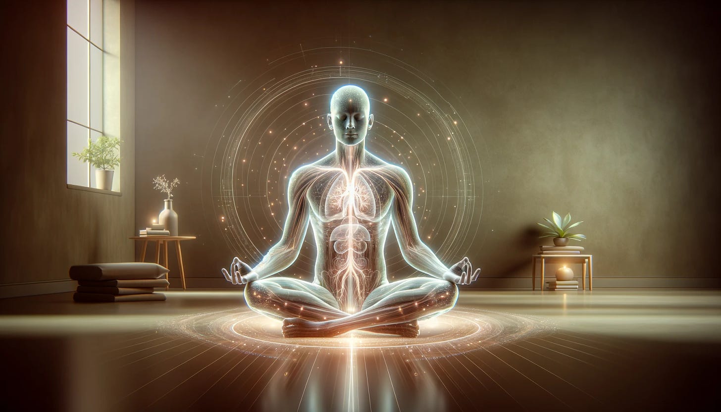 A 16:9 image of a person meditating in a serene setting, fully clothed, with a focus on the subtle yet profound connection between mind, body, and breath. The individual is depicted in a meditative pose, exuding a sense of peace and tranquility. The setting around them is calm and soothing, possibly in nature or a quiet room designed for meditation. Visual elements such as soft lighting or an aura may symbolize the harmony and connectivity of the person's meditation practice, without any explicit depiction of internal organs or anatomy.