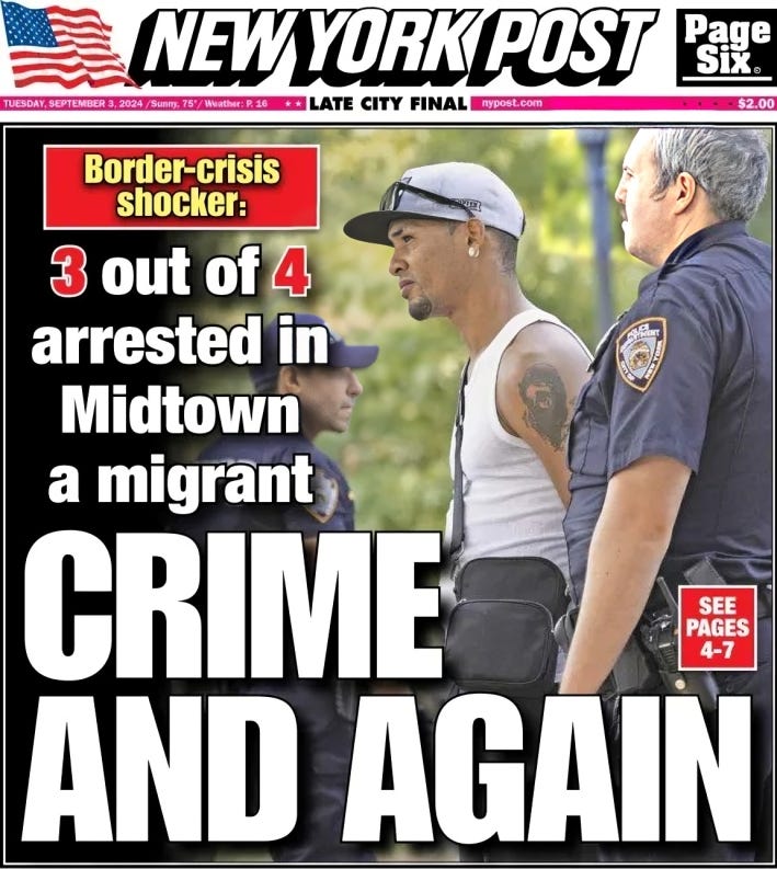 New York Post front page with the headline 'Border-crisis shocker: 3 out of 4 arrested in Midtown a migrant. Crime and again.' The image features a man, who appears to be in custody, walking between two police officers in uniform. The front page also includes smaller text directing readers to pages 4-7 for more details.