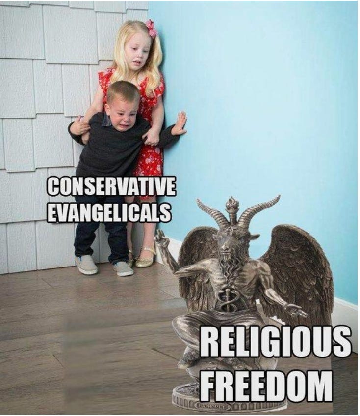 Two children looking with fear at a statue of Baphomet captioned "conservative evangelicals" and "religious freedom"