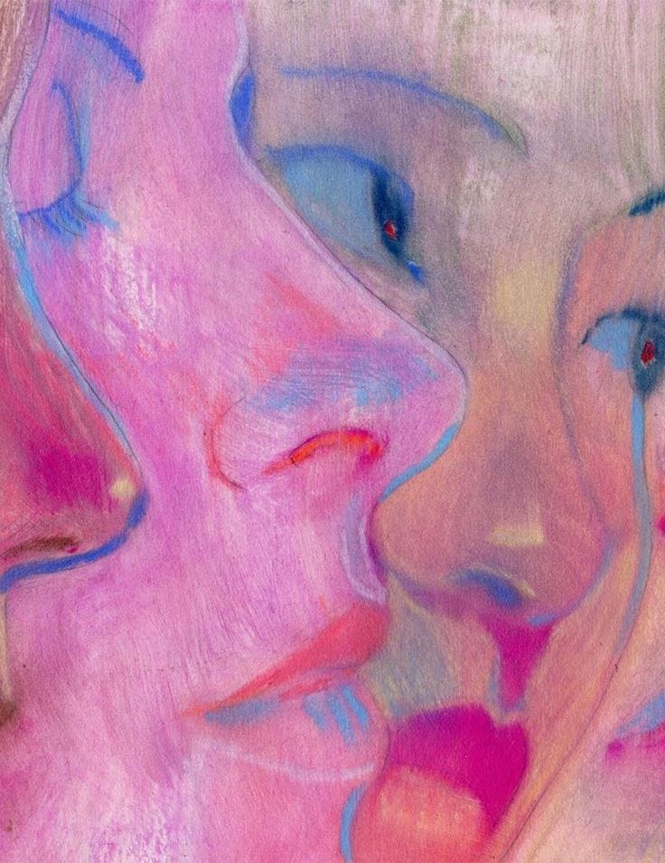 This may contain: an abstract painting of two women's faces with blue eyes and pink cheeks,