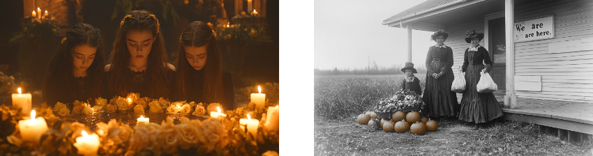 A split image: on the left, three young women in dark dresses lean over a table adorned with roses and surrounded by lit candles, creating a mystical, ritualistic atmosphere with warm lighting. On the right, a vintage black-and-white photo shows three women dressed in early 20th-century clothing standing beside a farmhouse porch with pumpkins arranged on the ground in front of them. A sign on the house reads, "We are here." The contrasting images evoke themes of tradition, mystery, and nostalgia.