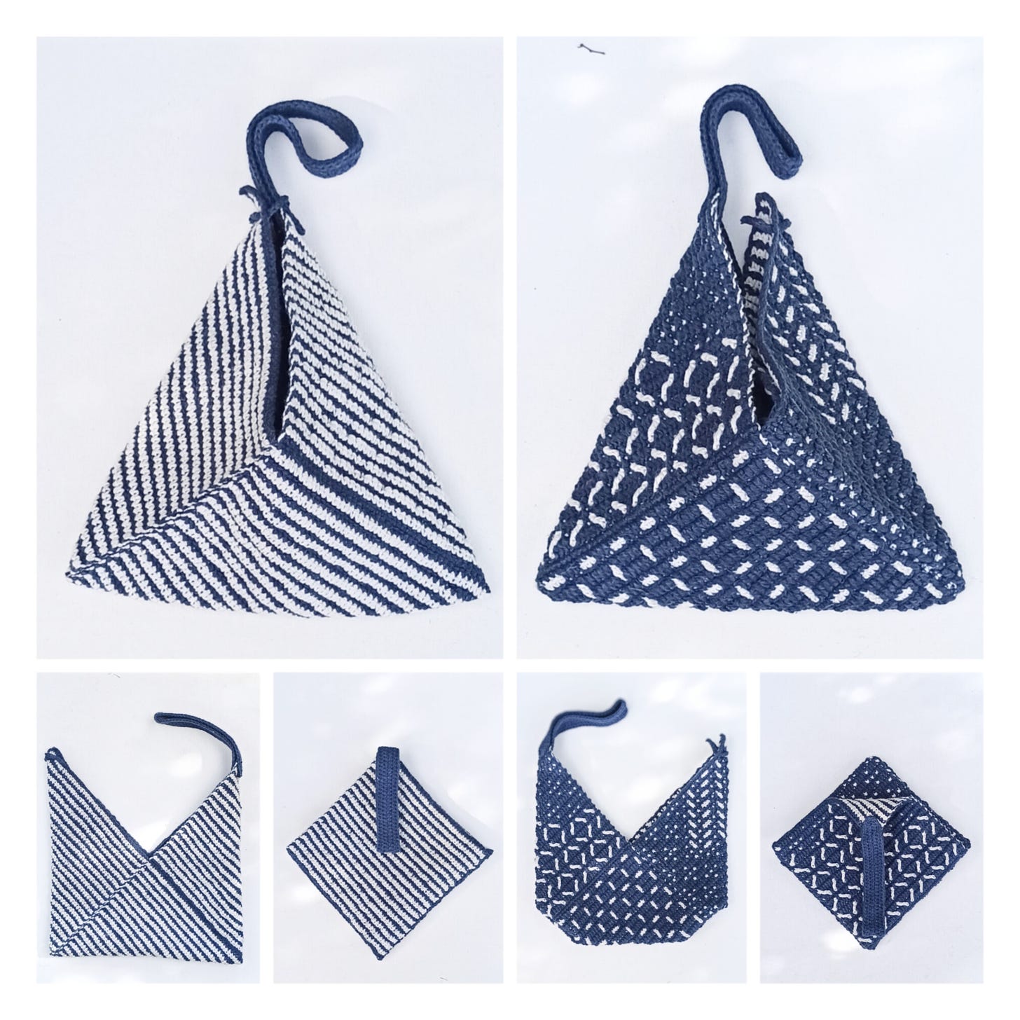 Overlay mosaic crochet reversible bag: The Blue One with Sashiko.
