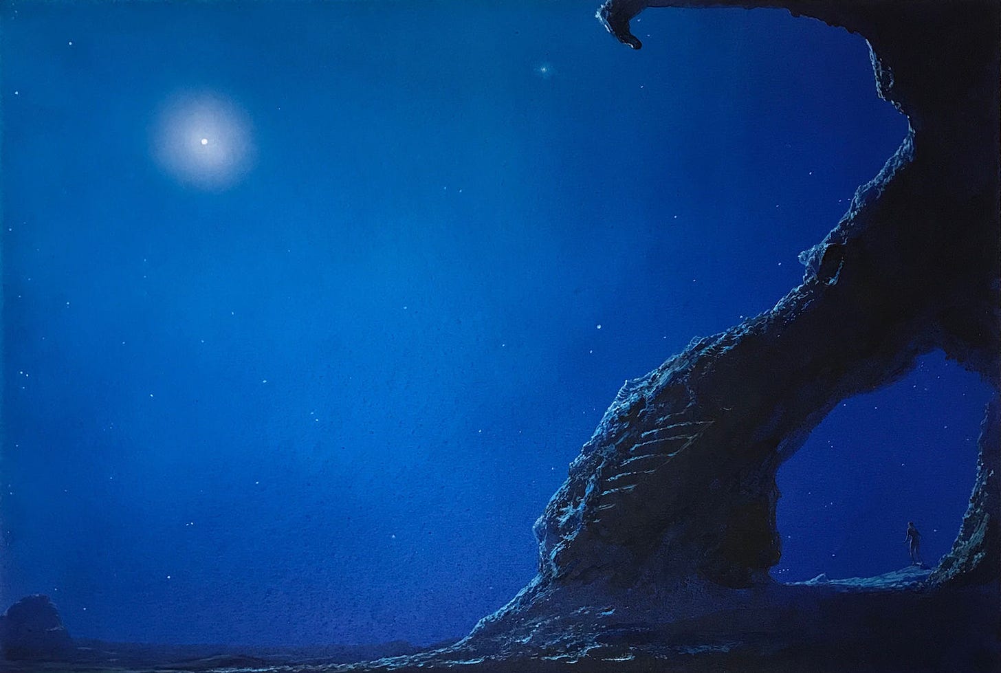 View of space from the barren surface of a planet or moon. A person stands under and arch of stone staring out in awe at the dotted field of deep blue. In the upper left, one star glows so bright a hazy aura forms around it.