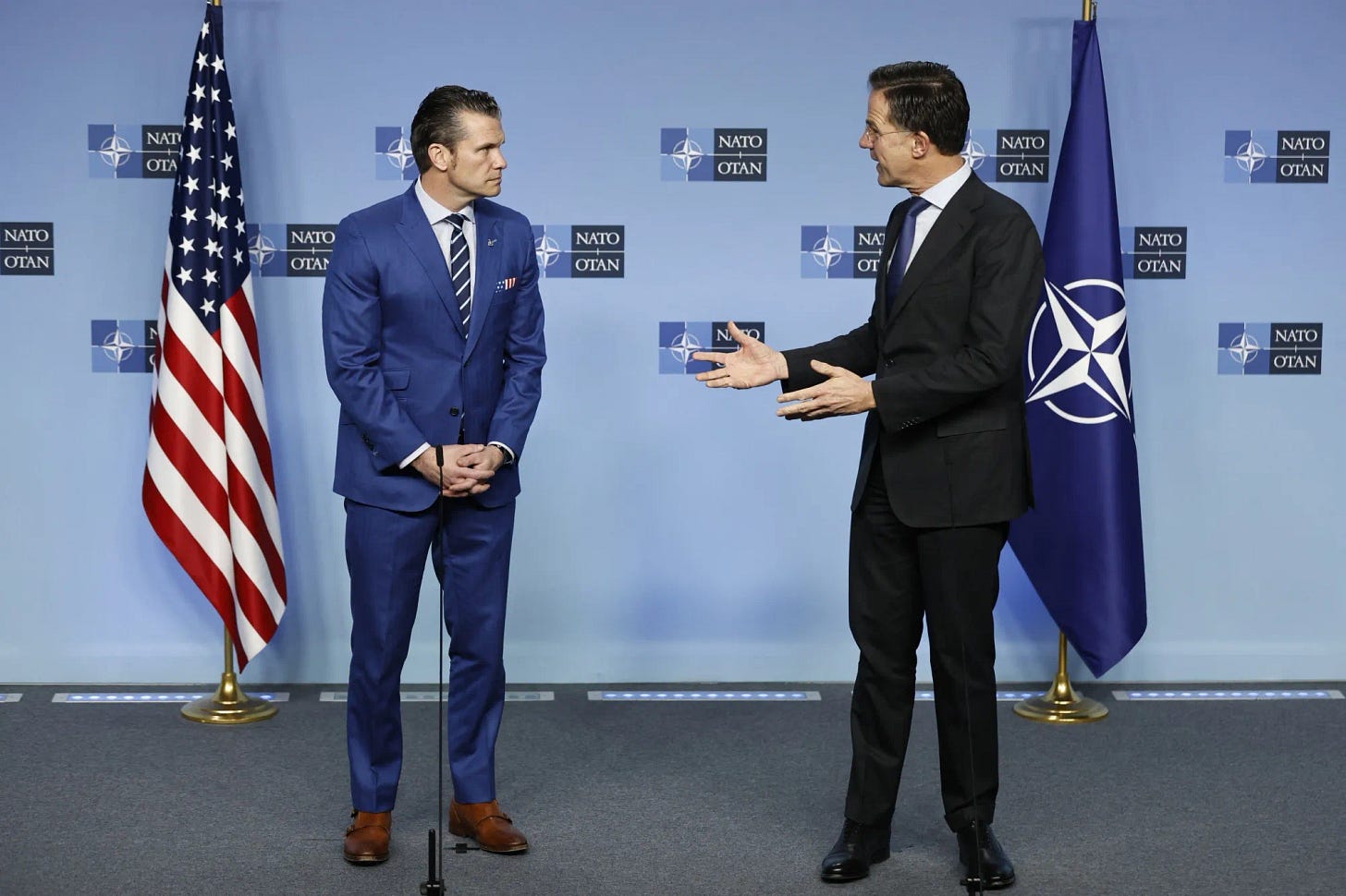 US Defense Secretary Pete Hegseth&nbsp;and NATO Secretary General Mark Rutte in Brussels on Feb. 13.