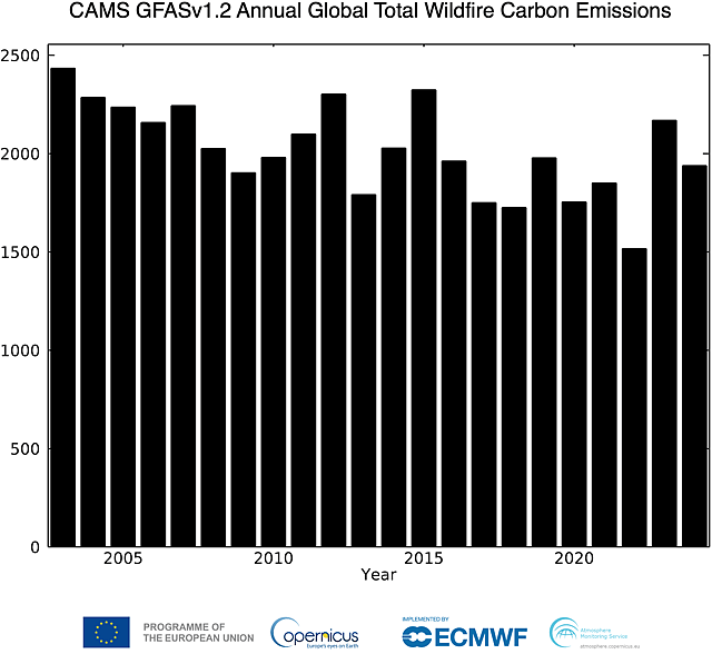 Global fire emissions in 2023 and 2024 were approximately 2,170 and 1,940 megatonnes of carbon, respectively. This corresponds to 7,960 million tonnes of CO₂e in 2023 and 7,115 million tonnes of CO₂e in 2024 — roughly half of the 15,600 million tonnes of CO₂ sequestered annually by global forests (as per NASA)