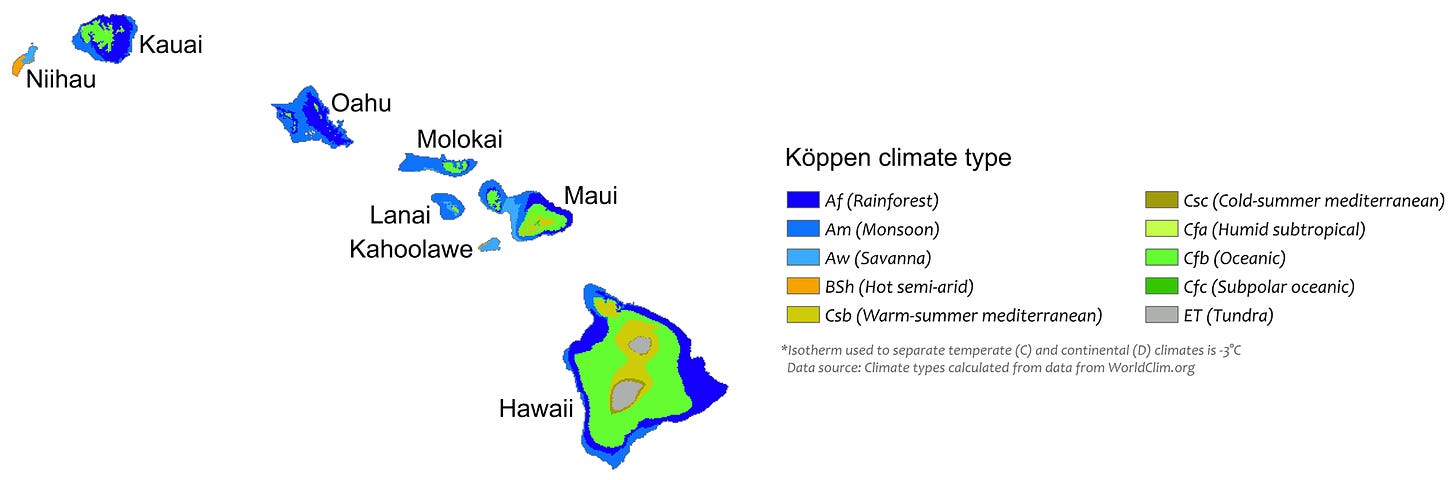 Koppen climate map of Hawaii showing the large variation in climate related to elevation.