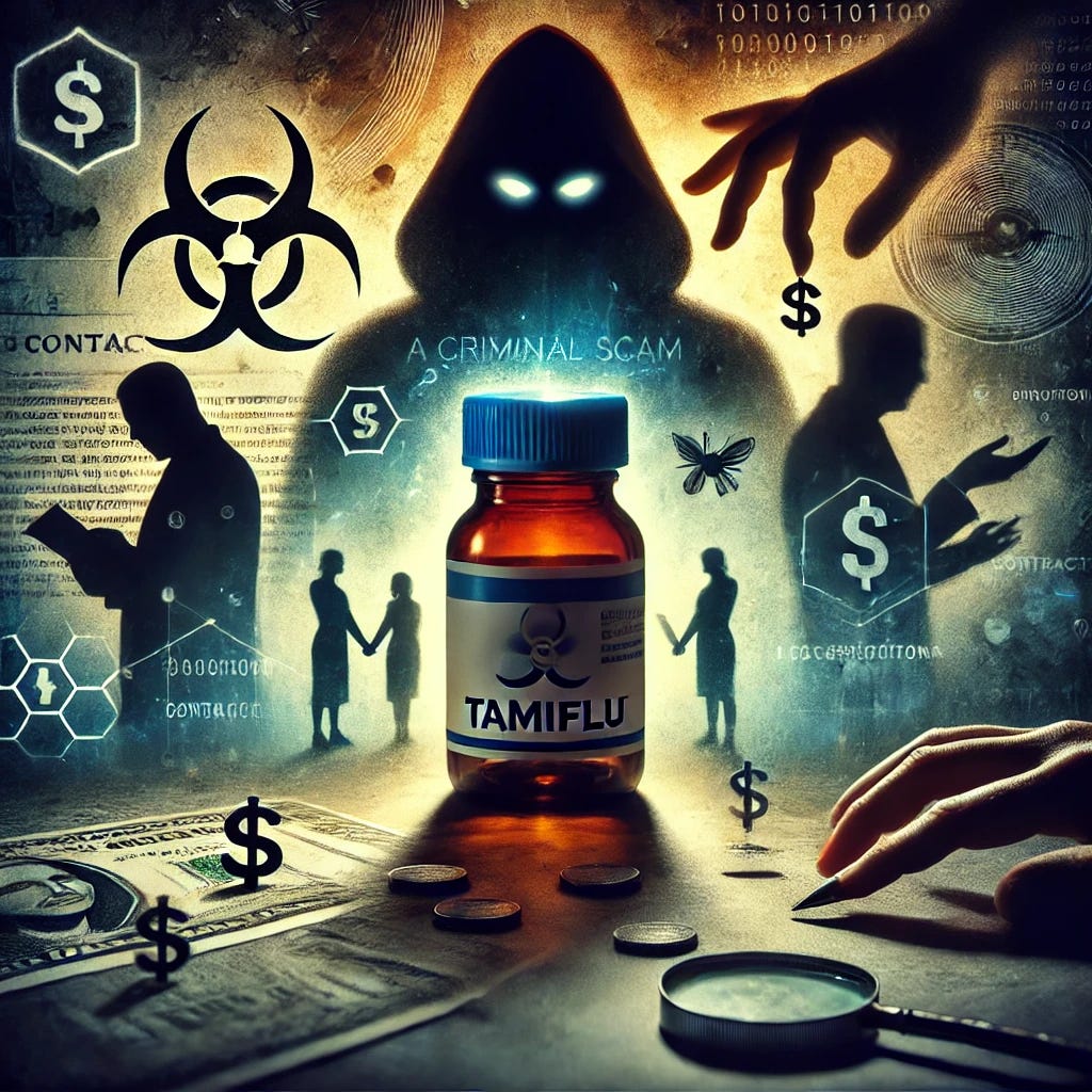 A dramatic conceptual image representing the theme 'Tamiflu: A Criminal Scam'. The focal point is a Tamiflu medication bottle, partially obscured by shadows, with symbols of deception such as hidden hands or dark silhouettes around it. The background has a sense of mystery and unease, with distorted shapes or figures that imply secrecy and manipulation. The overall tone is dark, creating a feeling of conspiracy and mistrust. There are elements like money, contracts, and blurred figures in the background, enhancing the theme of a scam.