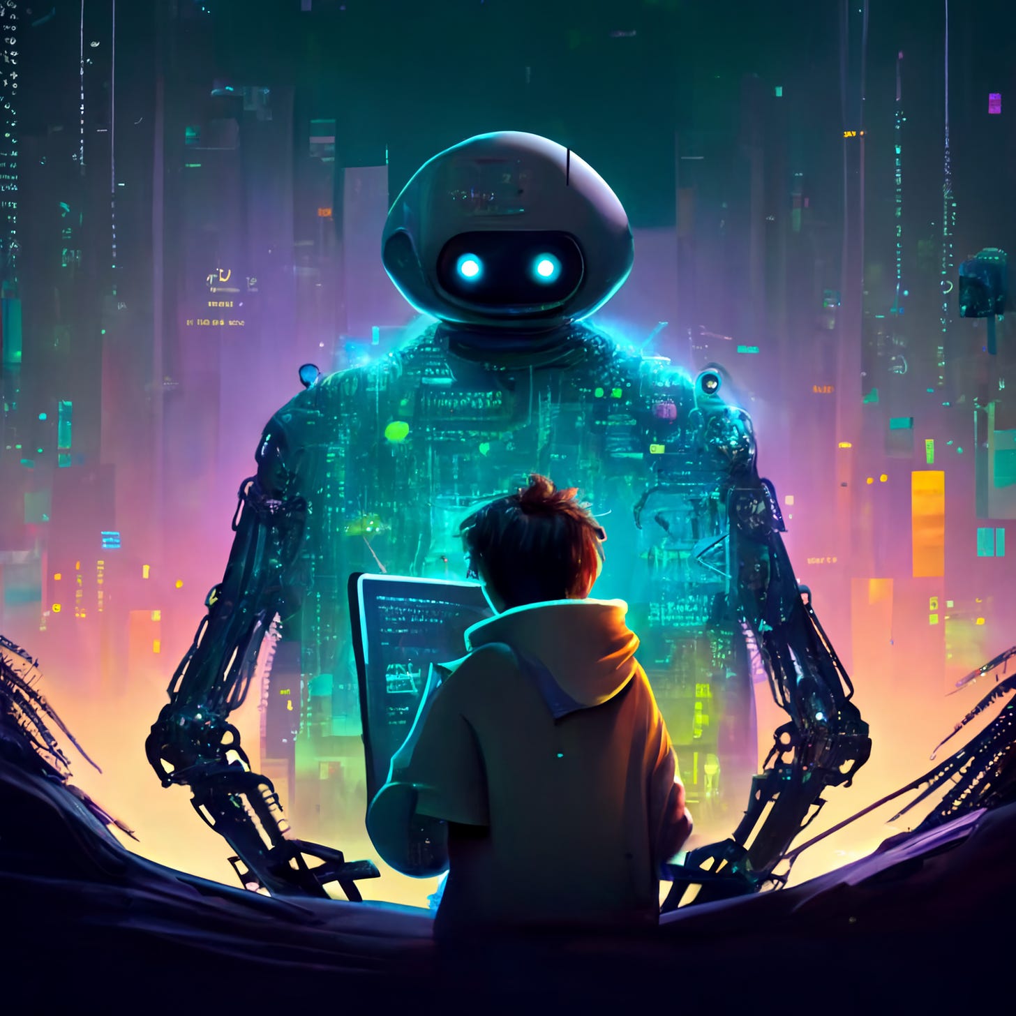 Man holding laptop looking at big futuristic robot