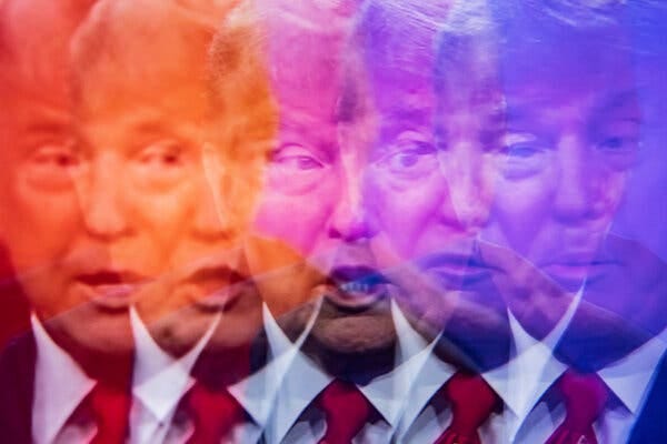 Several superimposed images show Donald Trump’s face as he speaks.