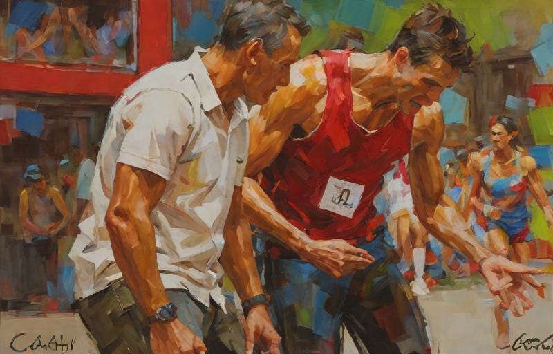 painting of coach talking to athlete