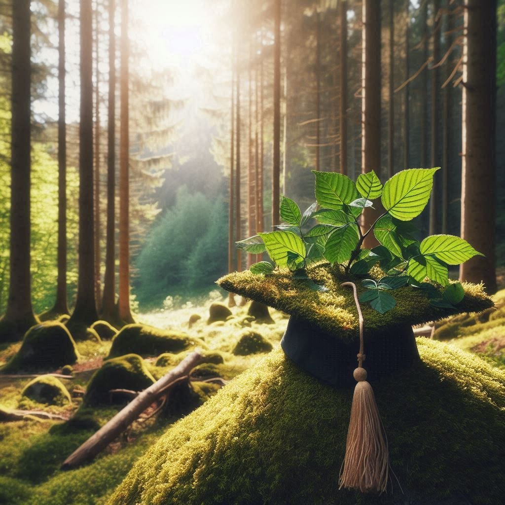 Graduation cap with leaves growing out of it on forest floor