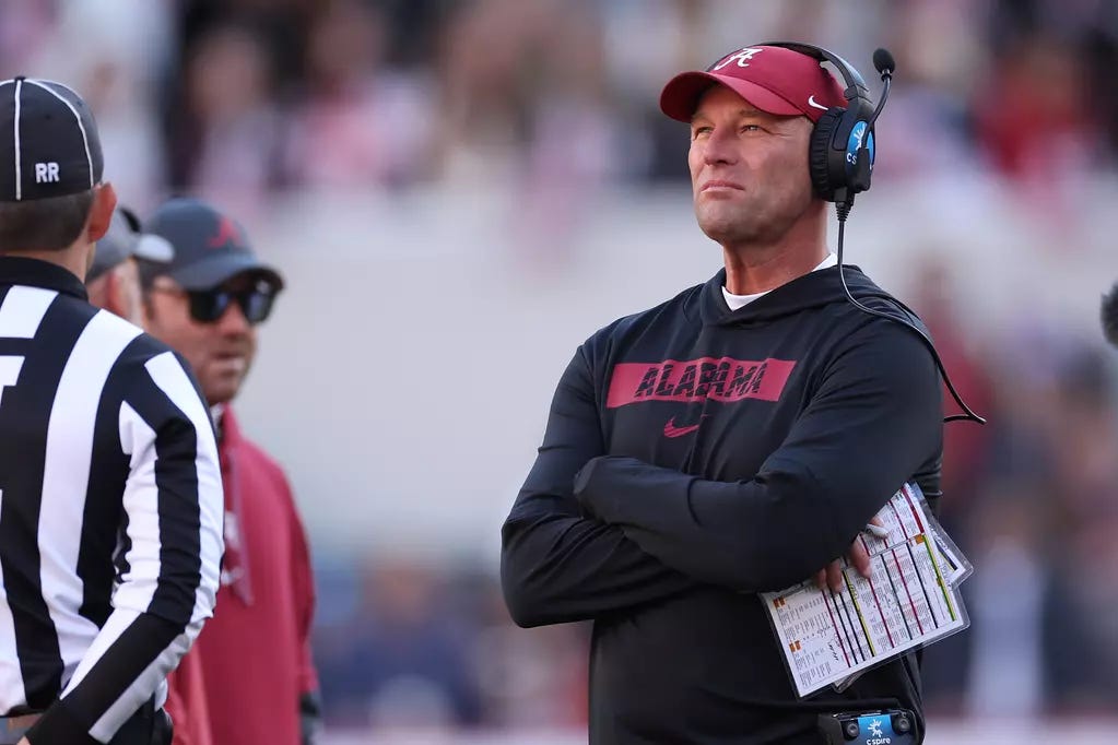 11-30-24 MFB vs Auburn - Image 4: Alabama Football Head Coach Kalen DeBoer  coaches the team against Auburn at Bryant-Denny Stadium in Tuscaloosa, AL  on Saturday, Nov 30, 2024. - Alabama